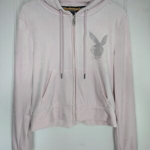 PLAYBOY Pale Pink Velour Zip-Up Hoodie with Crystal Bunny